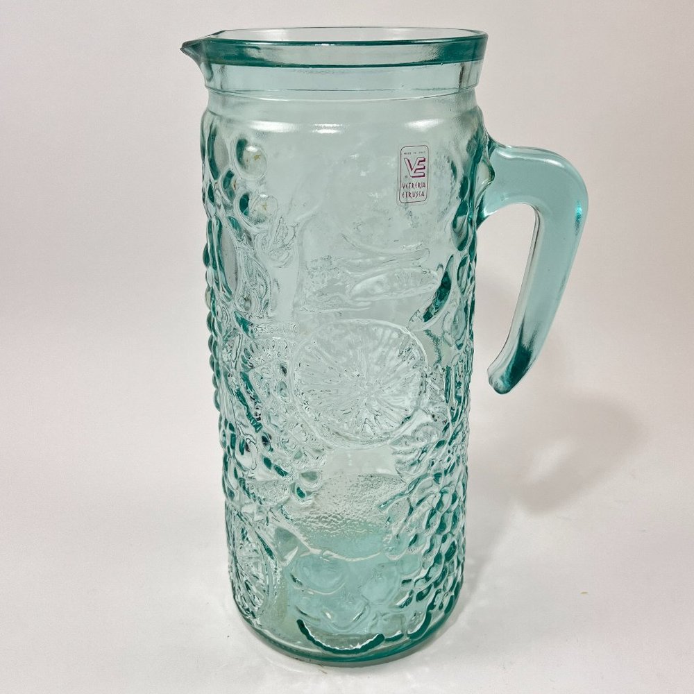 Vetreria Etrusca Pitcher Pressed Glass Aqua Blue Green Fruit Pattern Italy 56 oz